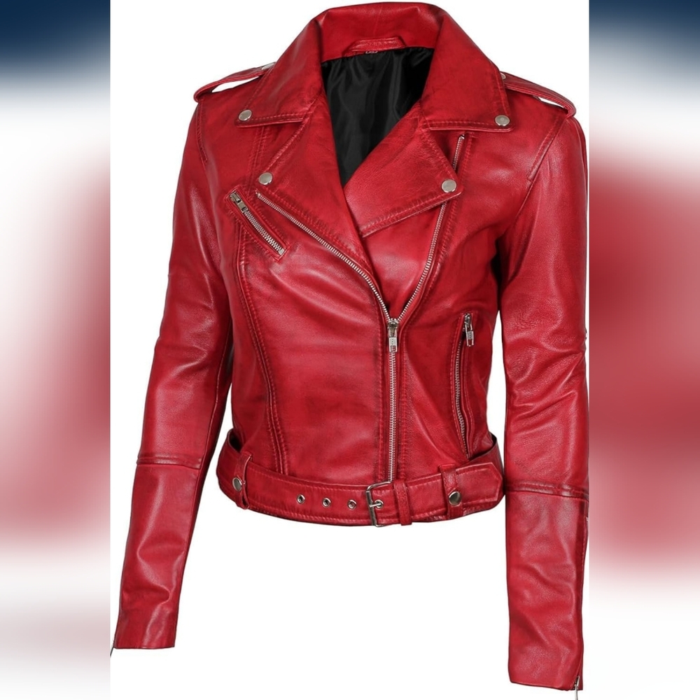 Red Moto Lambskin Leather Jacket with Asymmetrical Zipper Made in Turkey Large